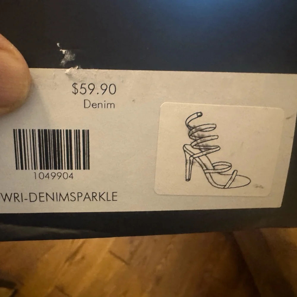 Azalea Wang Lowri Denim Sparkle Rhinestone Spiral Wrap Heels NWT - Picture 6 of 6